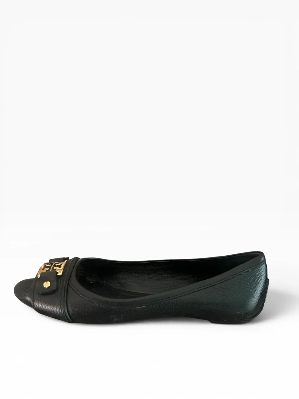 Tory Burch Cline Black Leather Gold Logo Flat Open Peep Toe Buckle Slide Sz 8.5